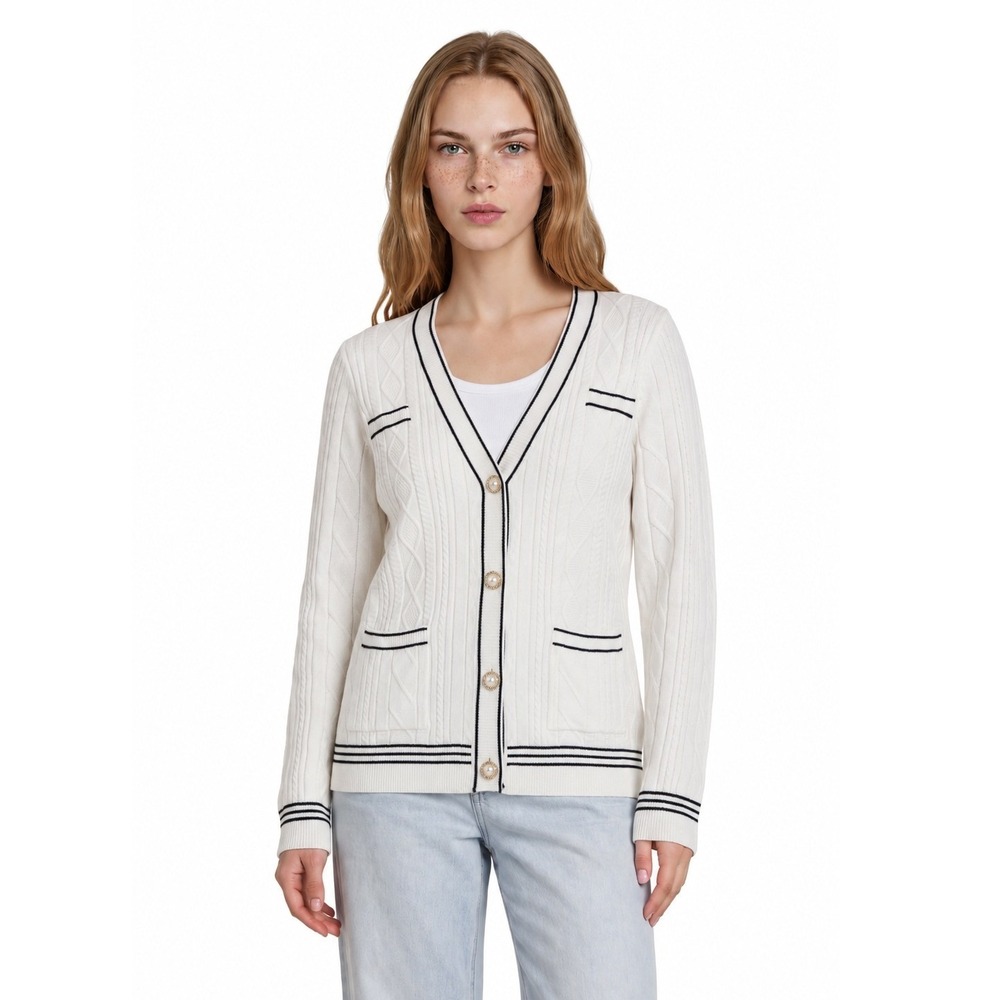NWT Nanette Lepore Cardigan Sweater Women's Large White Navy Pearl Cable Knit